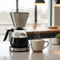 French Roast dark roast coffee brewing in a drip coffee maker with a steaming cup of coffee on a kitchen countertop