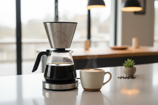 French Roast dark roast coffee brewing in a drip coffee maker with a steaming cup of coffee on a kitchen countertop