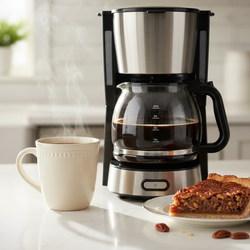 Steaming cup of pecan pie flavored coffee with drip coffee maker and slice of pecan pie on kitchen counter