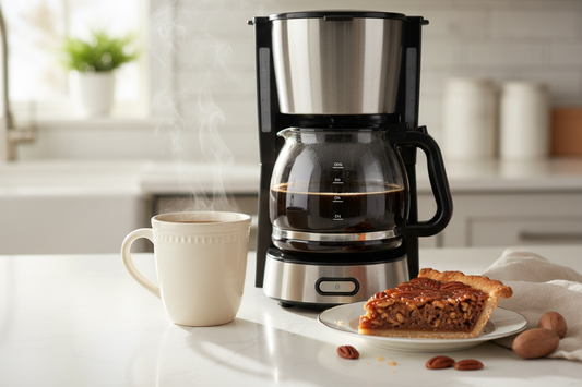 Steaming cup of pecan pie flavored coffee with drip coffee maker and slice of pecan pie on kitchen counter