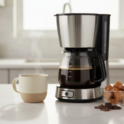 Turtle flavored coffee medium roast brewing with caramel and chocolate pieces on kitchen counter
