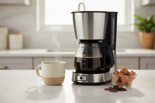 Turtle flavored coffee medium roast brewing with caramel and chocolate pieces on kitchen counter