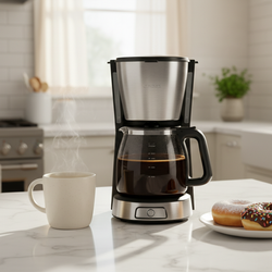 Gourmet Donut Shop Coffee brewing in drip coffee maker with steaming cup and donuts on kitchen counter
