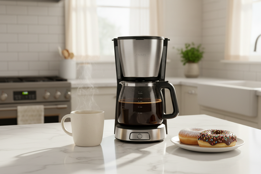 Gourmet Donut Shop Coffee brewing in drip coffee maker with steaming cup and donuts on kitchen counter