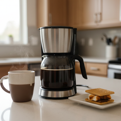 Medium roast S'mores flavored coffee brewed in a drip coffee maker, served with a s'mores dessert on a kitchen countertop