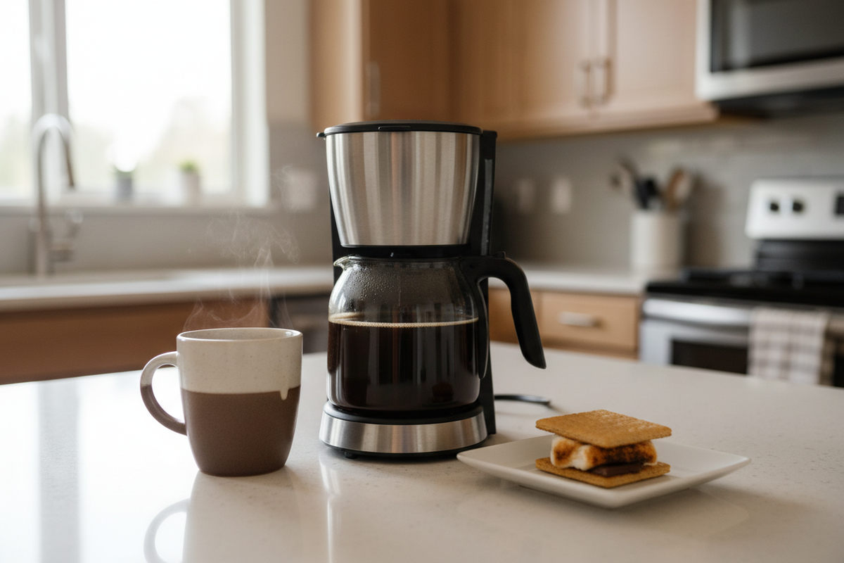 Medium roast S'mores flavored coffee brewed in a drip coffee maker, served with a s'mores dessert on a kitchen countertop