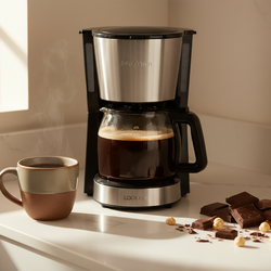 Chocolate Hazelnut Flavored Coffee brewed in a drip coffee maker with chocolate and hazelnuts on a kitchen counter