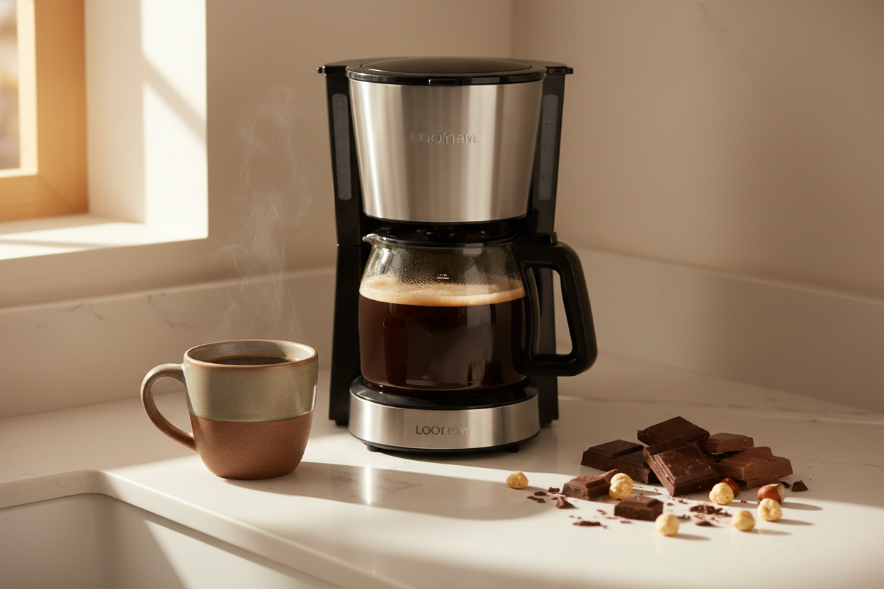 Chocolate Hazelnut Flavored Coffee brewed in a drip coffee maker with chocolate and hazelnuts on a kitchen counter