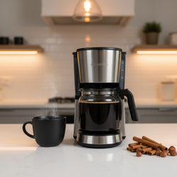 Cinnamon Hazelnut Flavored Coffee brewed in drip coffee maker with cinnamon sticks and hazelnuts on kitchen counter