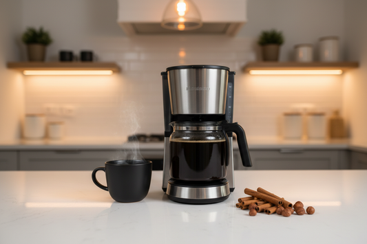 Cinnamon Hazelnut Flavored Coffee brewed in drip coffee maker with cinnamon sticks and hazelnuts on kitchen counter