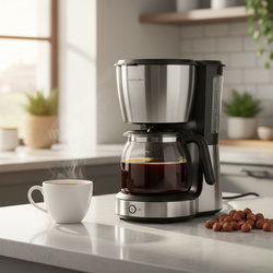 Hazelnut flavored coffee brewing in drip coffee maker with white cup and hazelnuts on kitchen counter