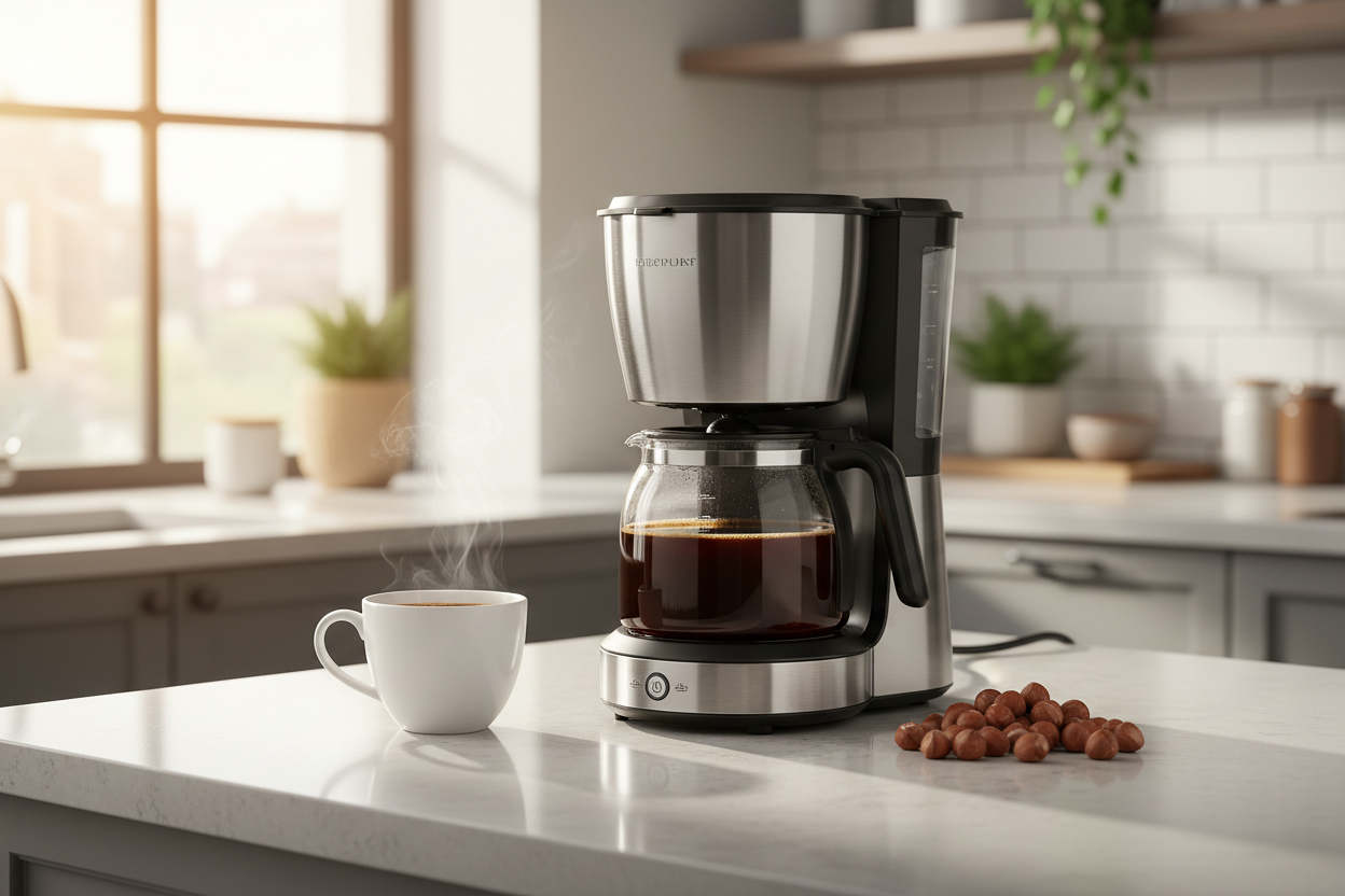 Hazelnut flavored coffee brewing in drip coffee maker with white cup and hazelnuts on kitchen counter