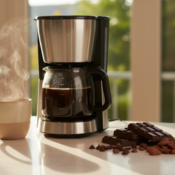 Mocha flavored coffee brewing in drip coffee maker with steaming cup and chocolate pieces on white table