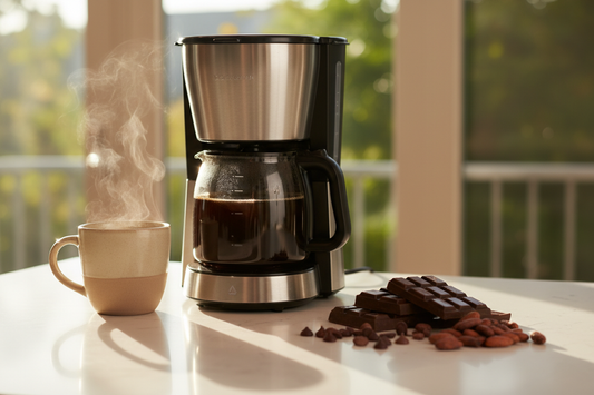 Mocha flavored coffee brewing in drip coffee maker with steaming cup and chocolate pieces on white table