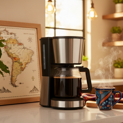 Steaming cup of Latin American Blend Coffee beside drip coffee maker with South America map and coffee plant on counter