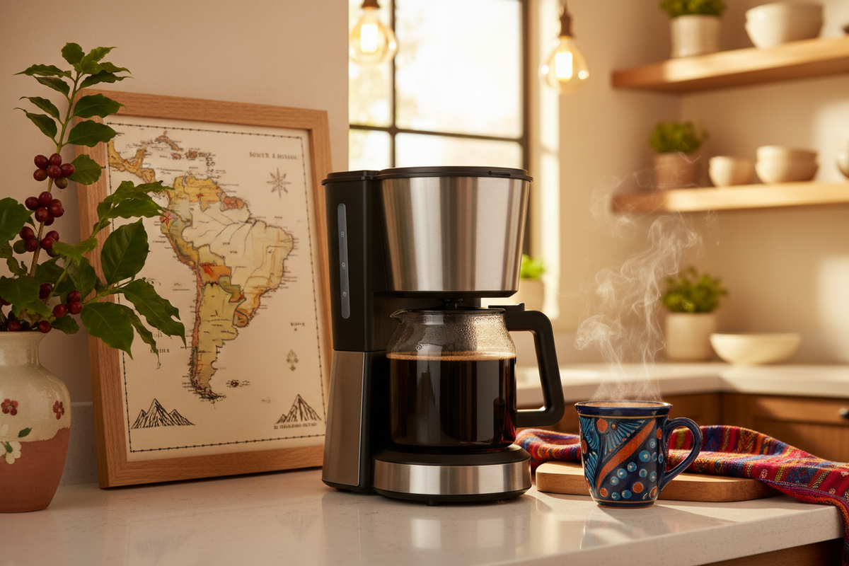 Steaming cup of Latin American Blend Coffee beside drip coffee maker with South America map and coffee plant on counter