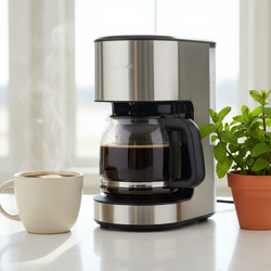 Mint flavored coffee brewing in drip machine with steaming cup and fresh mint plant on counter