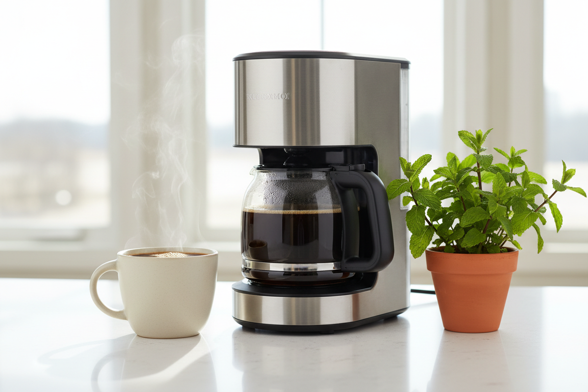 Mint flavored coffee brewing in drip machine with steaming cup and fresh mint plant on counter