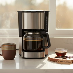 French Vanilla medium roast coffee brewing with vanilla extract and steaming cup on kitchen counter