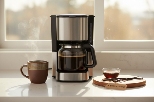 French Vanilla medium roast coffee brewing with vanilla extract and steaming cup on kitchen counter