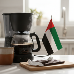 Steaming coffee pot with UAE flag, chocolate pieces on wooden board, and ceramic mug on kitchen counter representing Dubai Chocolate Flavored Coffee medium roast
