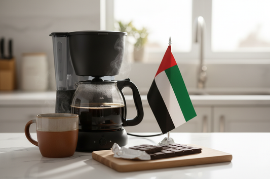 Steaming coffee pot with UAE flag, chocolate pieces on wooden board, and ceramic mug on kitchen counter representing Dubai Chocolate Flavored Coffee medium roast
