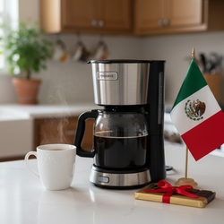 Mexican Chocolate Flavored Coffee medium roast with steaming cup, coffee maker, and Mexican flag on kitchen counter