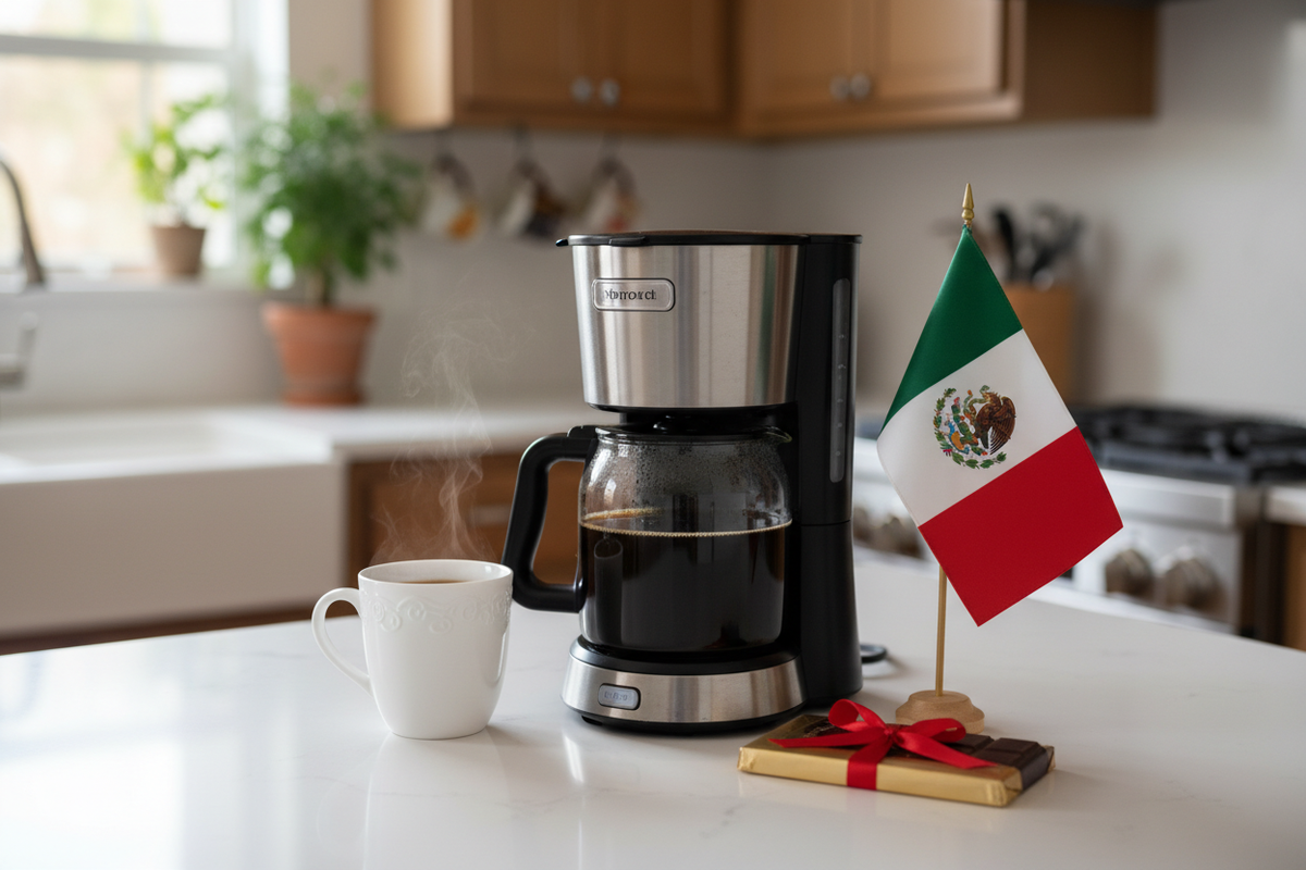 Mexican Chocolate Flavored Coffee medium roast with steaming cup, coffee maker, and Mexican flag on kitchen counter