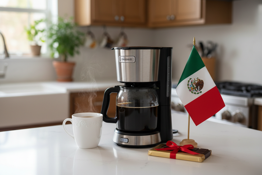 Mexican Chocolate Flavored Coffee medium roast with steaming cup, coffee maker, and Mexican flag on kitchen counter