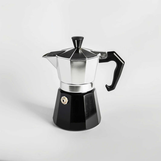 Example product stovetop espresso maker with black base and silver top