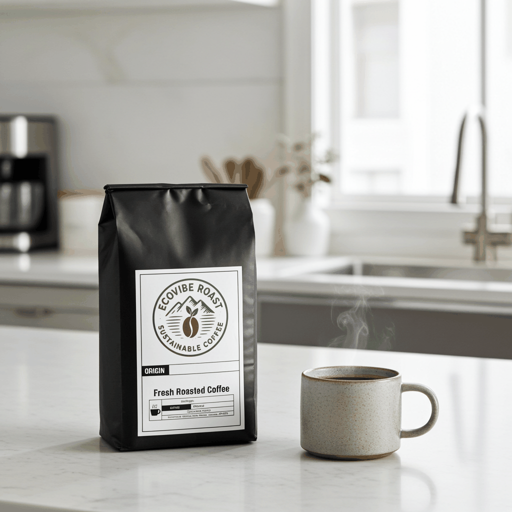 African Espresso Blend medium-dark roast coffee bag with steaming cup on kitchen counter