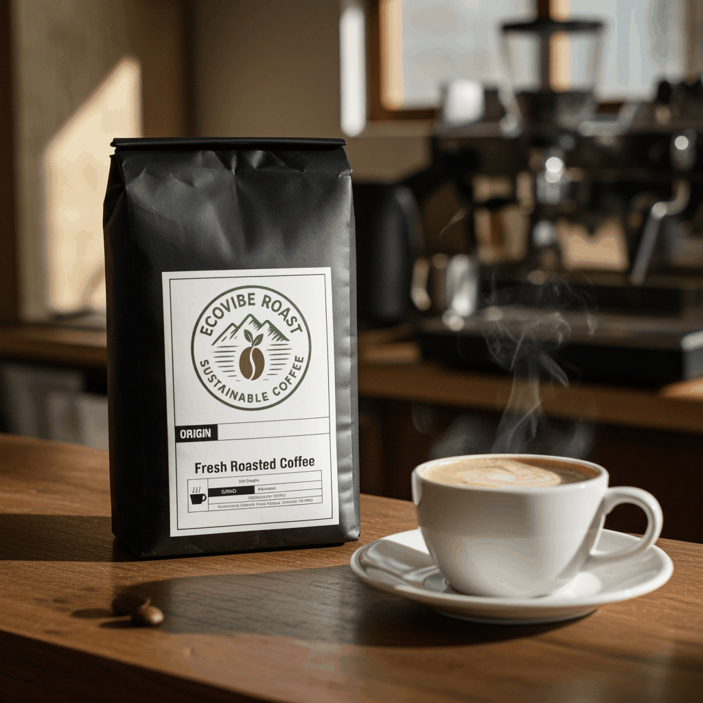 Bali Blue coffee single origin medium-dark roast coffee bag beside steaming cup of espresso on wooden table