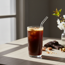 Medium roast cold brew coffee with chocolate and toffee notes in a glass with ice