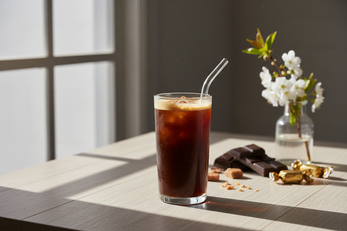 Medium roast cold brew coffee with chocolate and toffee notes in a glass with ice