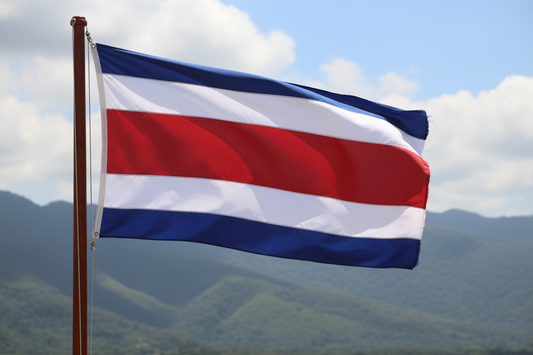 Costa Rica flag waving outdoors against mountainous background representing Costa Rica single origin coffee