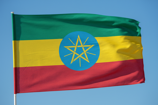 Ethiopian flag representing Ethiopia natural medium-light roast coffee with chocolate and fruity notes