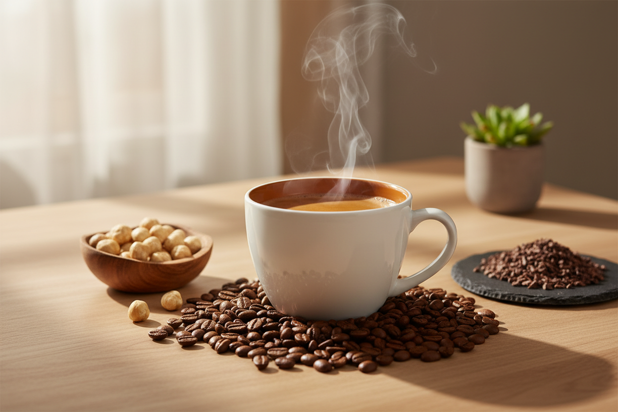 generate an image that illustrates this product description- Breakfast Blend Plus Coffee is a smooth, medium-roast blend crafted with premium Arabica beans and added Robusta for an extra caffeine boost. Balanced and energizing, it delivers subtle nutty and chocolate notes with a clean, aromatic finish—perfect for powering your morning.