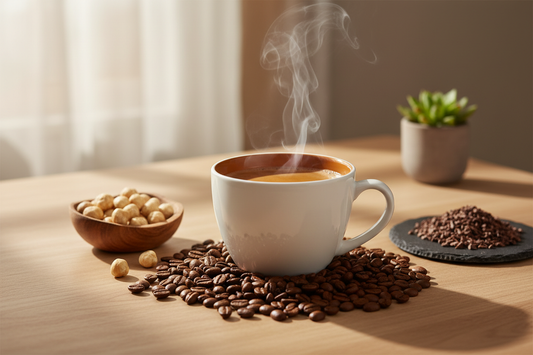 generate an image that illustrates this product description- Breakfast Blend Plus Coffee is a smooth, medium-roast blend crafted with premium Arabica beans and added Robusta for an extra caffeine boost. Balanced and energizing, it delivers subtle nutty and chocolate notes with a clean, aromatic finish—perfect for powering your morning.