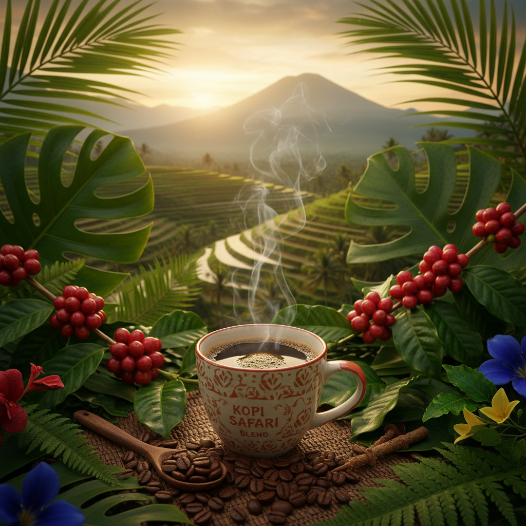 generate an image that illustrates this product description- Kopi Safari Blend Coffee is an Indonesian-inspired blend that celebrates the rich, adventurous spirit of coffees from across Southeast Asia and beyond. “Kopi” means coffee, and “Safari” reflects a journey of flavor—bringing together lively brightness and grounding depth in one harmonious cup. Smooth, aromatic, and well-balanced, this blend delivers layered complexity with a satisfying, full-bodied finish.