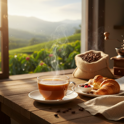 Breakfast Blend medium roast coffee cup with beans and steam on wooden table