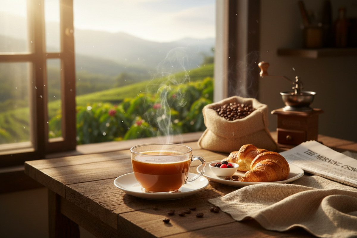 Breakfast Blend medium roast coffee cup with beans and steam on wooden table