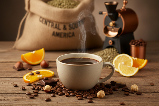 generate an image that represents this product description- House Blend Coffee is a smooth, medium-roast blend made from specialty-grade beans sourced from Central and South America. Clean and well-balanced, it features subtle nutty sweetness, chocolate undertones, mild citrus notes, and a bright, smooth finish. Roasted in small batches for freshness, this blend delivers consistent quality and easy drinkability in every cup.