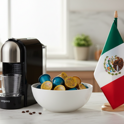Mexico Coffee Pods with espresso machine, bowl of coffee pods, and Mexican flag on kitchen counter
