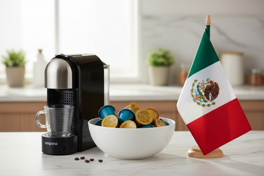 Mexico Coffee Pods with espresso machine, bowl of coffee pods, and Mexican flag on kitchen counter