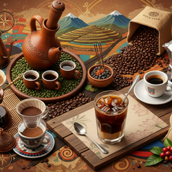 Single Origin Favorites six-pack sample coffee set with medium to medium-light roast beans from Brazil, Colombia, Costa Rica, Ethiopia, Honduras, and Tanzania displayed with coffee brewing equipment and global flags.