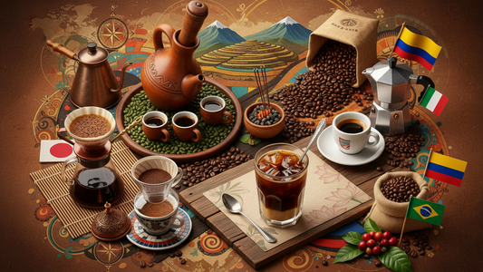 Single Origin Favorites six-pack sample coffee set with medium to medium-light roast beans from Brazil, Colombia, Costa Rica, Ethiopia, Honduras, and Tanzania displayed with coffee brewing equipment and global flags.