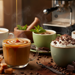 6 Pack Flavored Coffee Sample Pack with caramel drizzle, whipped cream mocha, and steaming cups of flavored coffee on wooden table with coffee beans and chocolates