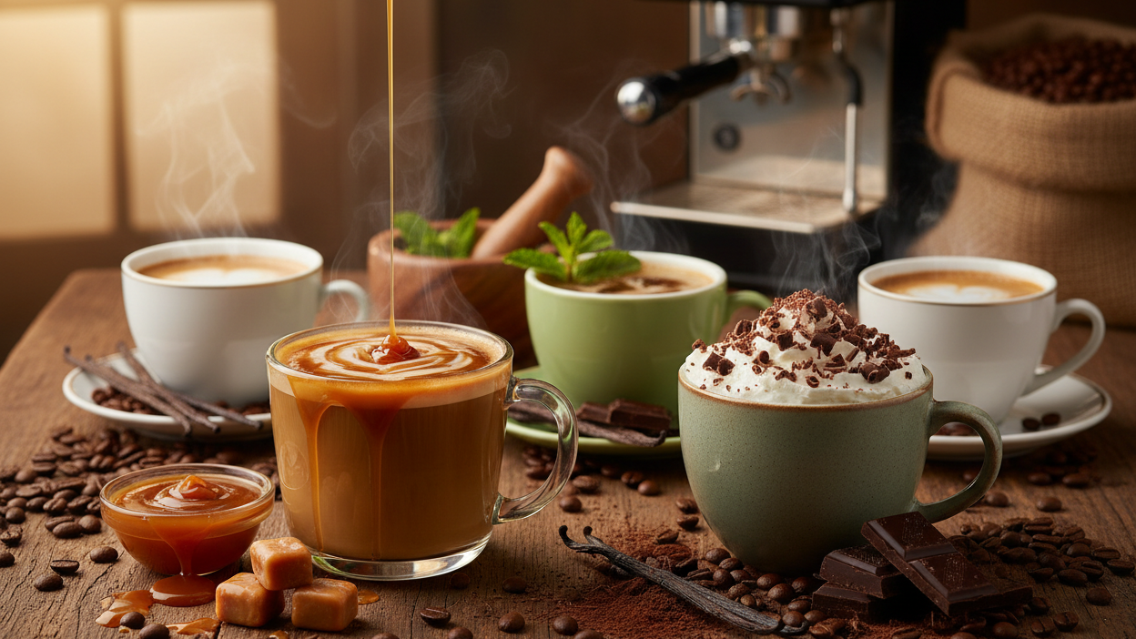 6 Pack Flavored Coffee Sample Pack with caramel drizzle, whipped cream mocha, and steaming cups of flavored coffee on wooden table with coffee beans and chocolates