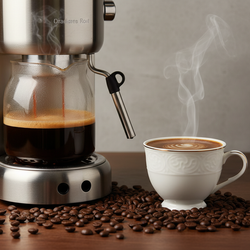 Italian Roast Coffee brewing espresso in machine with steaming cup and coffee beans on wooden table