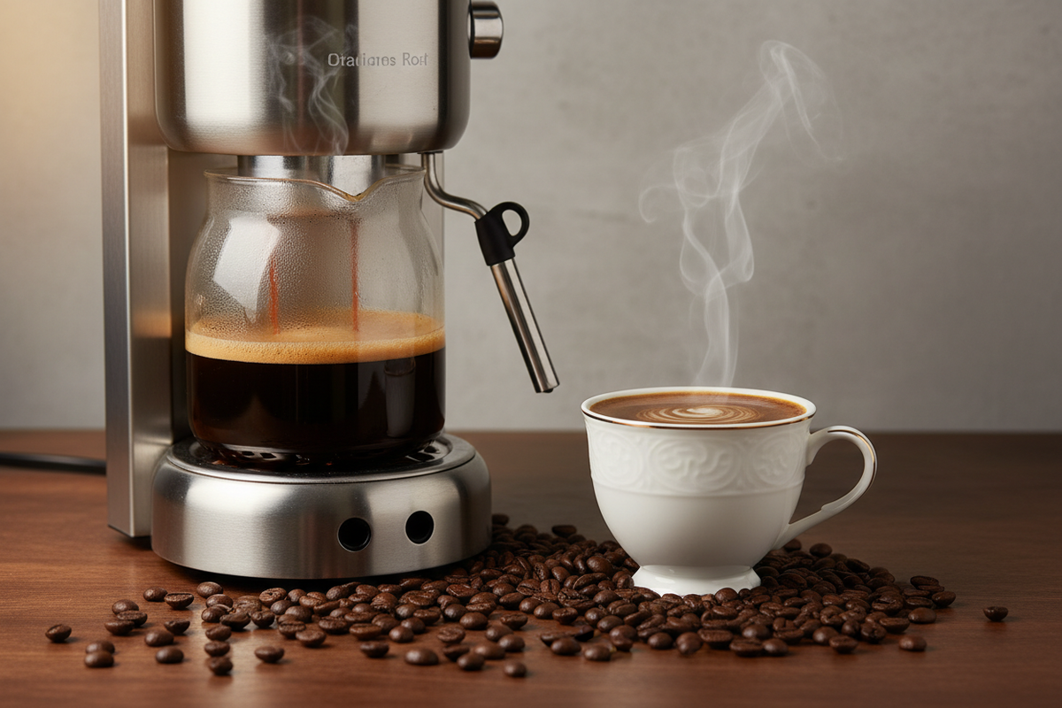 Italian Roast Coffee brewing espresso in machine with steaming cup and coffee beans on wooden table